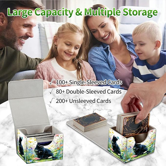 Card Deck Box for MTG, Cards Storage Box Fits 120+ Sleeved, Leather Small Size Strong Magnetic Closing Card Case for Board Games Magic TCG CCG Baseball Collection, Lawn Black Cat