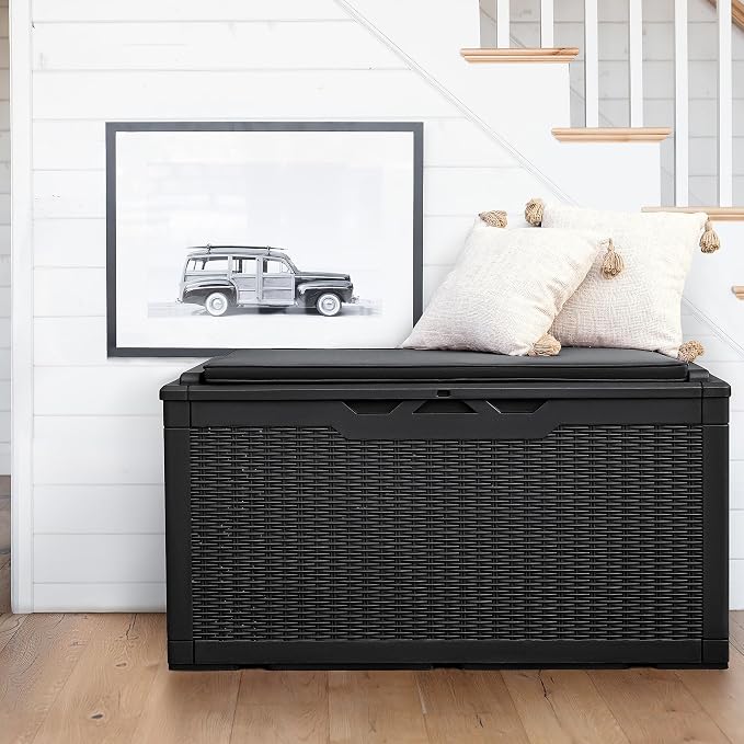 Flamaker Deck Box with Cushion 98 Gallon Waterproof Resin Storage Box with Air Rod Indoor Outdoor Lockable Storage Bench for Patio Furniture, Tools, Pool Accessories (Black)