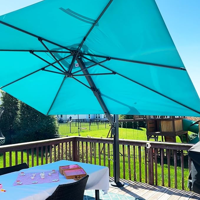 PURPLE LEAF 11' X 15' Rectangle Patio Umbrella Large Cantilever Outdoor Aluminum Offset Umbrella with 360-degree Rotation Umbrella for Garden Deck Backyard Pool Turquiose Blue