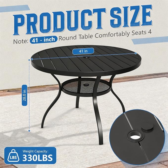 SUNCROWN 42 Inch Round Outdoor Patio Dining Table, All Weather Black Metal Steel Slat Table with 1.5" Umbrella Hole, Weather Resistant Outside Furniture for Lawn Garden Backyard Porch