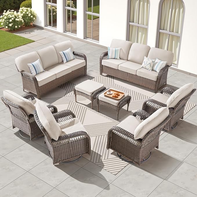8 PCS Patio Furniture Set Outdoor Sectional Sofa Couch with Rocking Swivel Chairs 5" Deep Seat Chairs, Modern Wicker Rattan Conversation Set, Beige/Brown Wicker