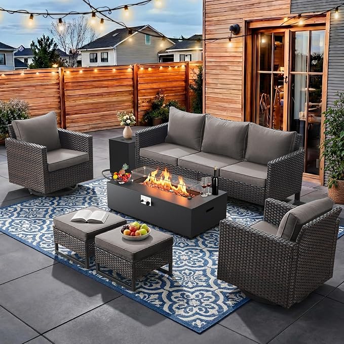 HUMMUH Patio Furniture Set with Fire Pit Table,7 Piece Wicker Outdoor Conversation Sets -Outdoor Swivel Rocker Chairs Patio Sofa for Porch,Garden,Backyard