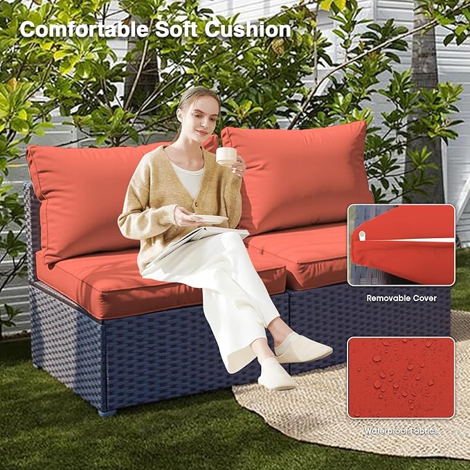 Patio Furniture Set Fire Pit Table 9 Piece All Weather PE Rattan Outdoor Sectional Sofa Couch with 8 x armless Sofa, No-Slip Cushions for Garden, Poolside, Backyard (Red)
