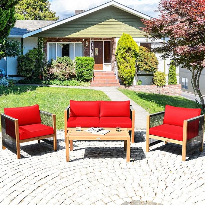 Tangkula Outdoor Wood Furniture Set with 2 Set Cushion Covers, 4 Pieces Cushioned Patio Conversation Set, for Garden Balcony Poolside Outdoor Living (1, WH-RE)
