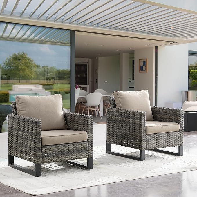 Rilyson Wicker Outdoor Patio Chairs Set of 2-2 Piece Rattan Chairs with Waterproof Wicker,Comfortable Cushions and Sturdy Metal Frame for Outside Porch Deck Backyard(Mixed Grey/Grey)