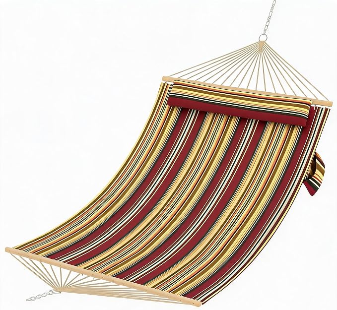 Double Quilted Hammock with Wooden Spreader Bar, 2 Person for Outdoor Without Stand, Patio Backyard Poolside, Red-Yellow Stripe