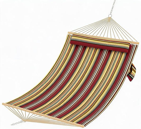 Double Quilted Hammock with Wooden Spreader Bar, 2 Person for Outdoor Without Stand, Patio Backyard Poolside, Red-Yellow Stripe