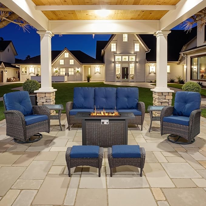 Belord 8 Piece Patio Furniture Set with 43" Fire Pit Table - Wicker Patio Conversation Set with Swivel Rocker Chairs and Sofa for Deck Outside Backyard Brown