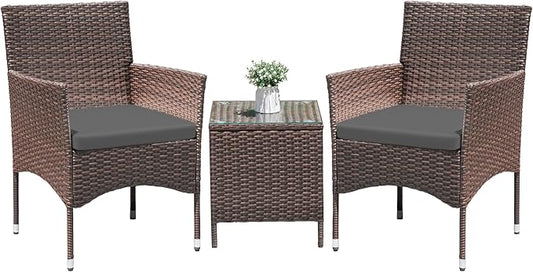 Greesum 3 Pieces Patio Dining PE Rattan Wicker Chair Furniture Set with Cushion and Glass Coffee Table for Outdoor Garden Backyard Poolside, Brown and Grey