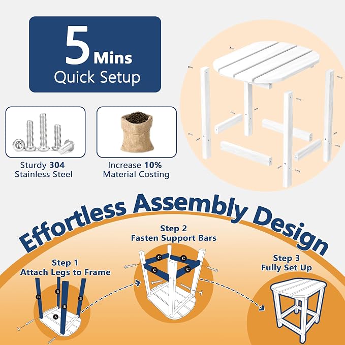 Outdoor Adirondack Side Table for Patio Porch Pool, 18" HDPE Weather Resistant End Table for Backyard and Indoor Use, Easy Maintenance & Indoor Outdoor Durable Construction(White)