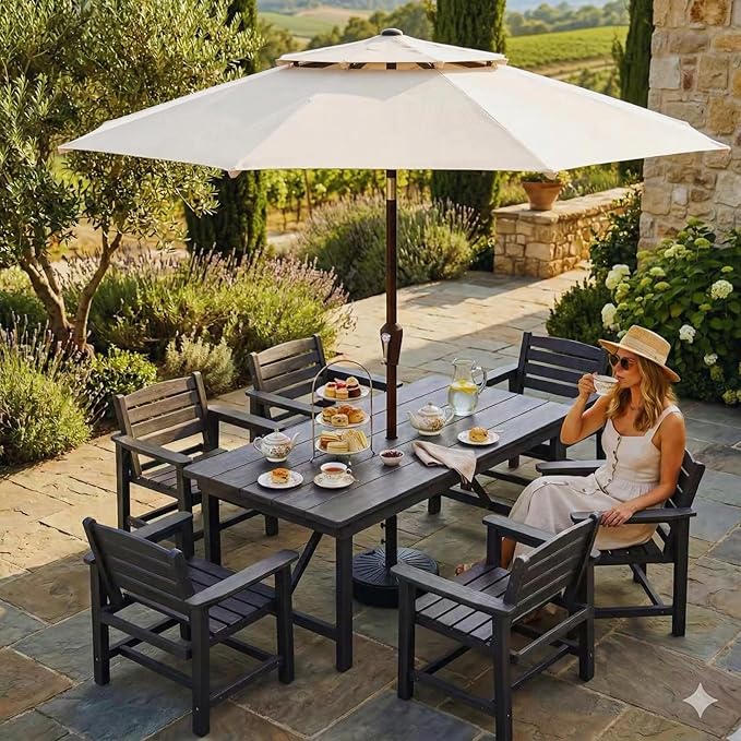 Patio Umbrella, 2 Tier Outdoor Table Umbrella, Large Vented Market Umbrellas with Push Button Tilt and Crank, 8 Sturdy Ribs for Backyard, Deck, Pool, UPF50+ UV Protection