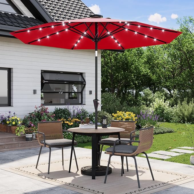 Garvee 9/10 FT Solar Patio Umbrella with 32 LED Lights - Outdoor Table Umbrella with Crank Lift, Push Button Tilt and 8 Sturdy Ribs - Market Umbrella UV Protection for Pool, Deck, Yard, Garden