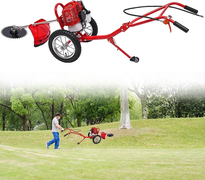 2-Stroke Lawn Mower, Gasoline Lawn Mower, Hand Push Irrigation Mower, Two-Stroke Hand Push Lawn Mower with 2 Scarifying Knife & Adjustable Heights Perfect for Small to Medium Sized Yards