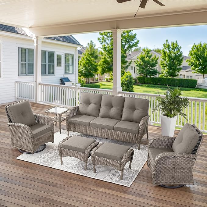 Belord 6 Pieces Wicker Patio Furniture Set - Swivel Rocker Outdoor Chairs with Outdoor Couch and Side Table, All-Weather Patio Conversation Set for Sunroom Deck Backyard