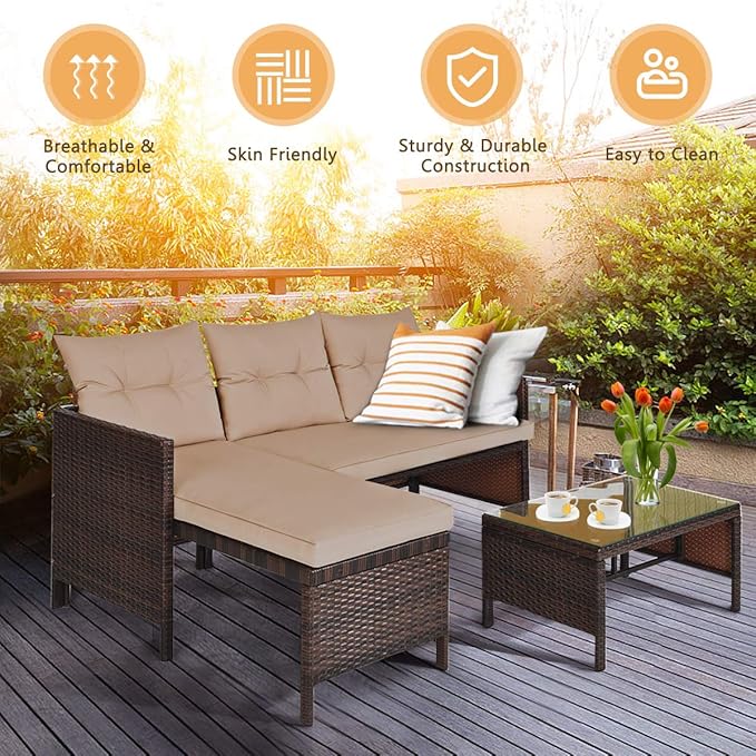 RELAX4LIFE 3-Piece Patio Furniture Set, Outdoor Wicker Sectional Sofa Set w/Washable Cushion, Tempered Glass Coffee Table, Rattan Conversation Set Outdoor Couch for Garden Backyard Deck (Brown)