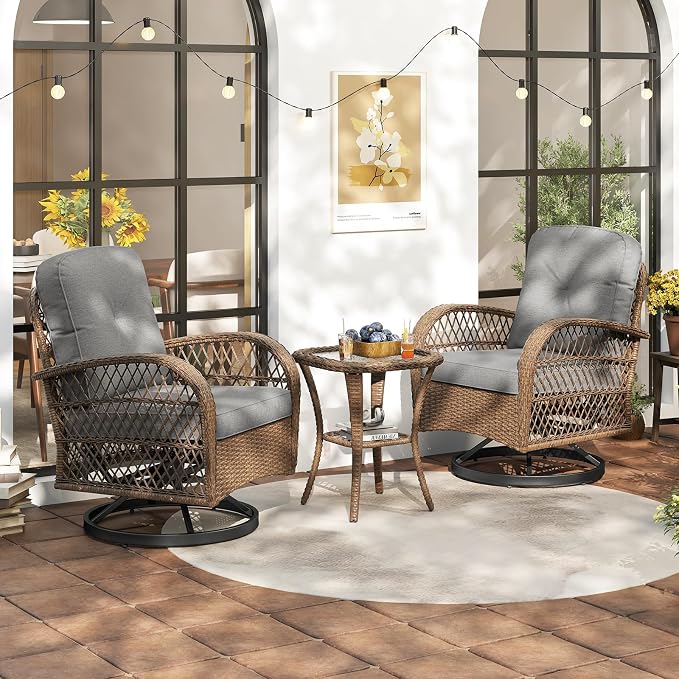 ORALNER 3 Pieces Wicker 360° Swivel Rocker Set Patio Furniture, Rocking Chairs with Cushions, Tempered Glass Coffee Table, Outdoor Rattan Bistro Set for Balcony Front Porch Deck Poolside (Gray)