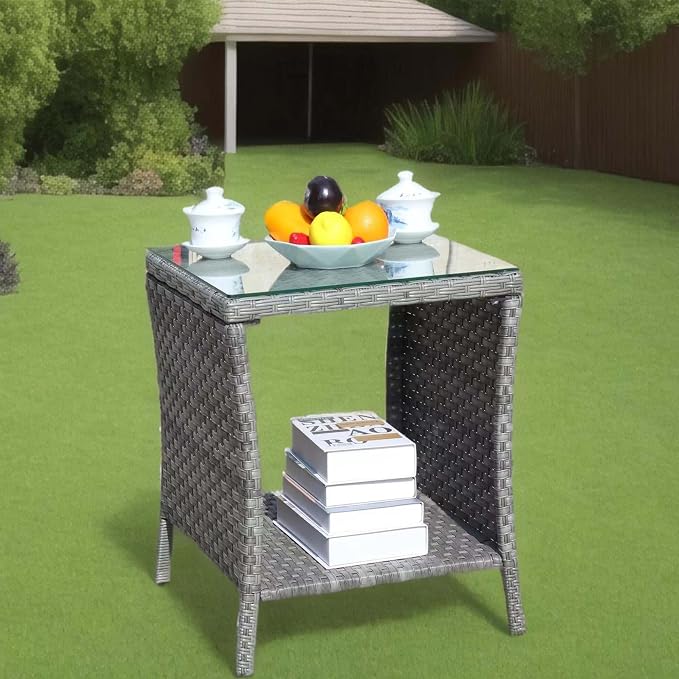 Outdoor Wicker Side Table, 19.25" Square Patio End Table with Tempered Glass Top & Storage Shelf, All-Weather Grey Rattan Coffee Table for Patio, Porch, Backyard, Poolside, Indoor & Outdoor Use