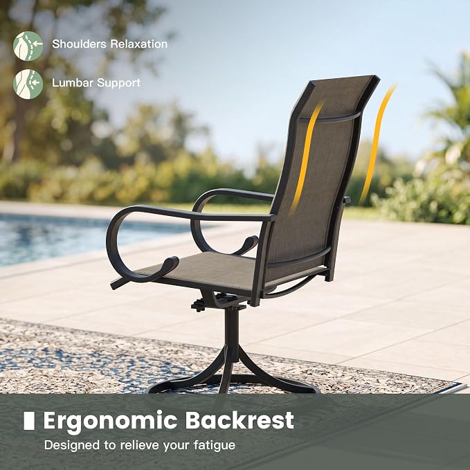 7 Pieces Patio Dining Set, 6 Outdoor Swivel Dining Chairs with 50.1" Round Metal Outdoor Dining Table with Umbrella Hole for Garden Backyard Deck, Mixed Brown & Black