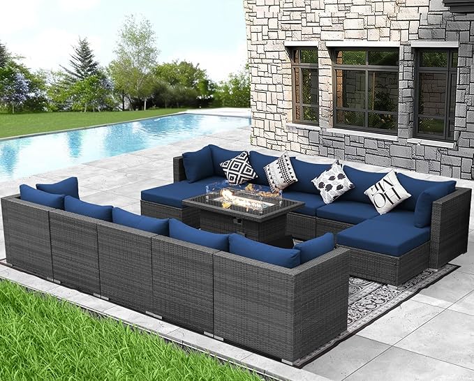 NICESOUL 13 Piece Patio Furniture w/Fireplace, Elegant Outdoor Seating w/Firepit, XL Size 29.3'' High Back Sectional Sofa, All-Weather Rattan Deck Couch, Modular Sturdy Conversation Set, Gray & Blue