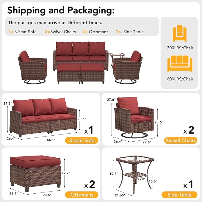 Patio Furniture Sets, 6 Pcs Patio Outdoor Sectional Furniture, Wicker Rattan Conversation Sofa with Swivel Chair, Ottomans, Side Table, 4" Thick Cushion, for Garden Backyard Deck Wine Red
