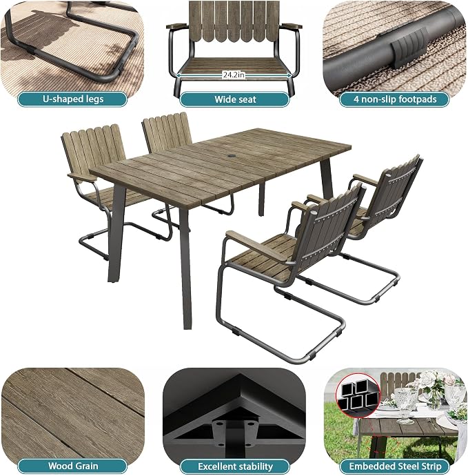 5 Piece Outdoor Conversation Set for 4, HDPE Patio Seating Set with Table and Chairs, All-Weather Outdoor Lounge Furniture with Umbrella Hole for Garden, Porch, Poolside, Gray