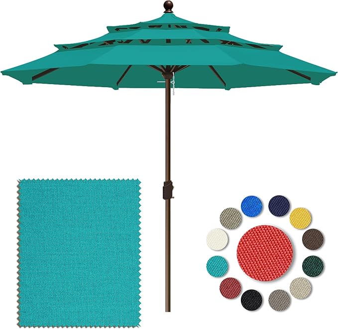 Eurmax USA 10-Year-Non-Fading 10FT 3-Tier Outdoor Patio Market Umbrella,UPF50+ UV Resistant,Heavy Duty Commercial Grade,Crank Lift Design,Windproof Vented Top for Garden,Pool,Deck,Teal