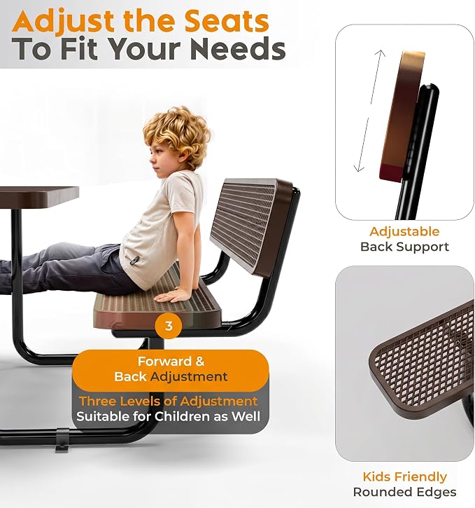 Commercial Heavy-Duty Metal Picnic Table with Backrest - ADA Compliant, Adjustable Seats, Umbrella Hole, Expanded Metal (Brown, 6' Rectangular with Back)