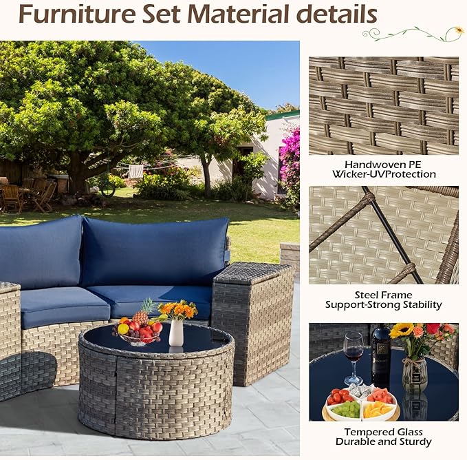 ECOTOUGE Outdoor Patio Furniture, 5 Piece Half-Moon Sectional Round Patio Set, Wicker Lazy Outdoor Sofa Set with Storage Side Table & Coffee Table for Pool Backyard Patio Garden(Blue)