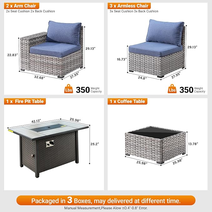 7-Piece Patio Furniture Set, Outdoor Wicker Rattan Patio Furniture Sectional Set with Coffee Table, All Weather Outdoor Fire Pit Conversation Set for Porch Backyard Balcony Garden, Denim Blue