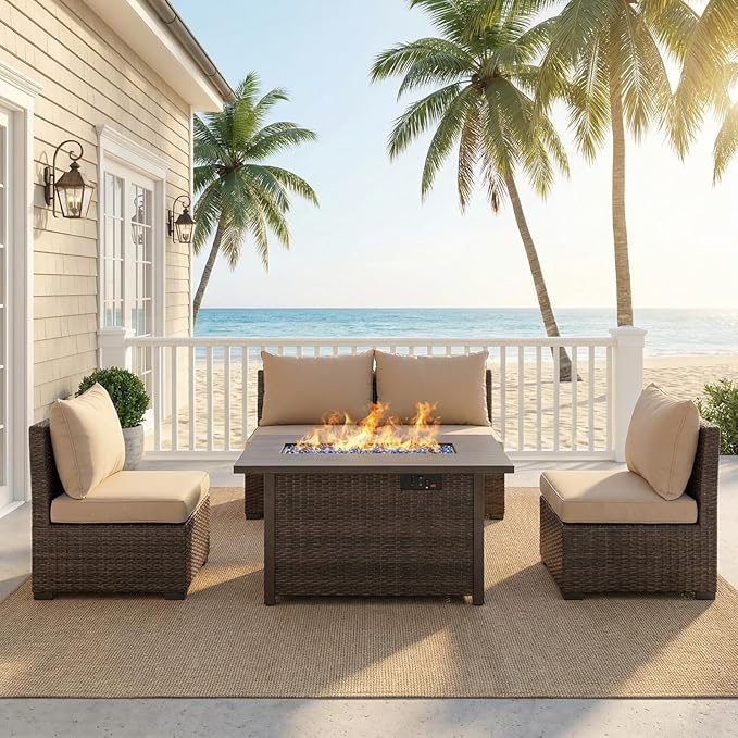 5 Pieces Patio Furniture Set with Fire Pit Table, Outdoor PE Rattan Sectional Sofa with Soft Cushions for Backyard, Porch, and Poolside (Beige, 5 PCS w/Firepit)