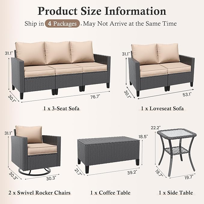 Amopatio Patio Furniture Set, 6-Piece Wicker Outdoor Sectional Sofa with Swivel Rocker Chairs, Rattan Conversation Set with Storage Coffee Table and Waterproof Cover for Backyard Black/Khak