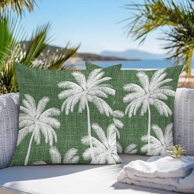 Outdoor Pillow Covers 24x24 Inch Set of 2, Dark Green Palm Trees Waterproof Throw Pillow Covers, Farmhouse Tropical Summer Beach Decorative Cushion Pillowcases for Couch, Sofa, Bed, Garden, Patio