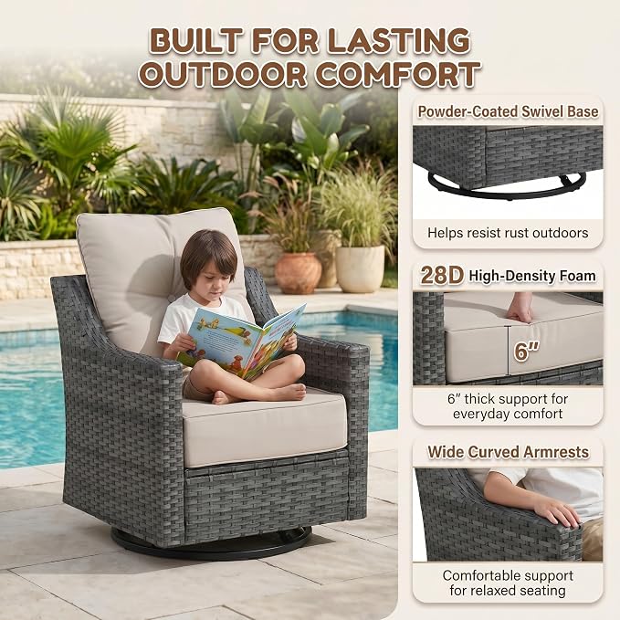 6-Piece Outdoor Patio Furniture Set, Grey Wicker Conversation Set with 4 Swivel Chairs and 2 Side Tables, 6-Inch Beige Cushions for Porch, Deck, Backyard