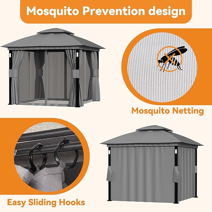 Covered Outdoor Patio Gazebo 8'x8' with LED Lights & Bluetooth Speaker, Heavy Duty Outdoor Canopy Shelter with Metal Frame, Double Roofs, Soft Top Gazebo with Netting and Curtains for Backyard, Gray