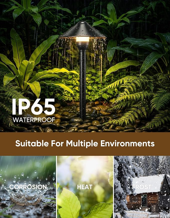 Low Voltage Landscape Lighting 12-Pack, Aluminum 12V Pathway Lights with G4 Bulbs, Waterproof Stylish Matte Black Color Round Shade Path Lights with Connectors for Walkway Yard Garden