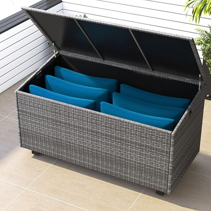 Lepus Large Outdoor Waterfroof Deck Box, 210 Gallon Rattan Deck Storage Box with Built-in Waterproof Bag for Seat Cushion on Patio Garden, Poolside (210, Dark Grey)