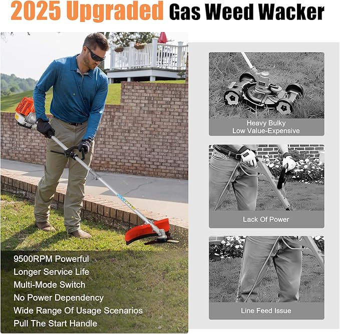 2025 Upgraded 5 in 1 Gas Multi Functional Trimming Tools, 52CC 2 Stroke Gas Weed Eater, Weed Wacker Gas Powered, 9500rpm High Power Gas String Trimmer, Brush Cutter for Garden, Yard, Home Orange