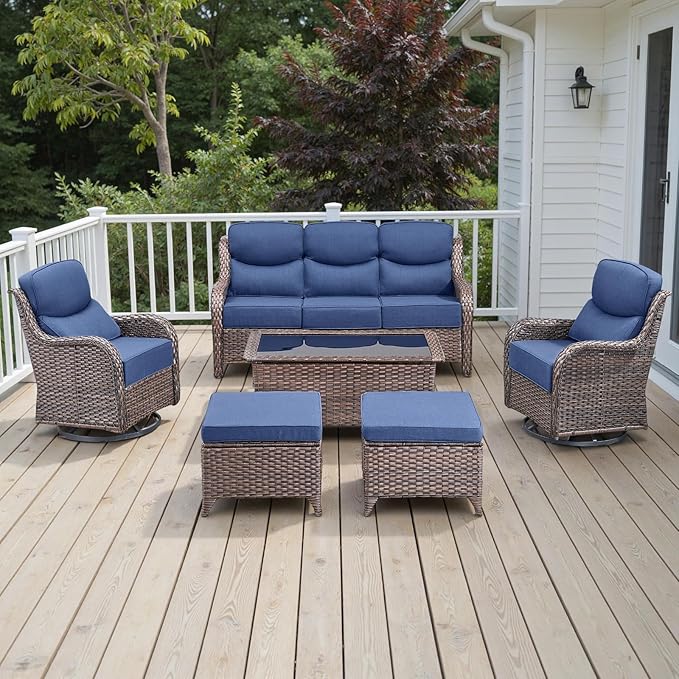 Rilyson Wicker Outdoor Patio Furniture Set - 6 Piece Patio Conversation Sets with Swivel Rocker Chairs, Ottomans, Sofa and Coffee Table, 6 inch Cushions, Deep Seating, for Porch Deck Brown/Blue