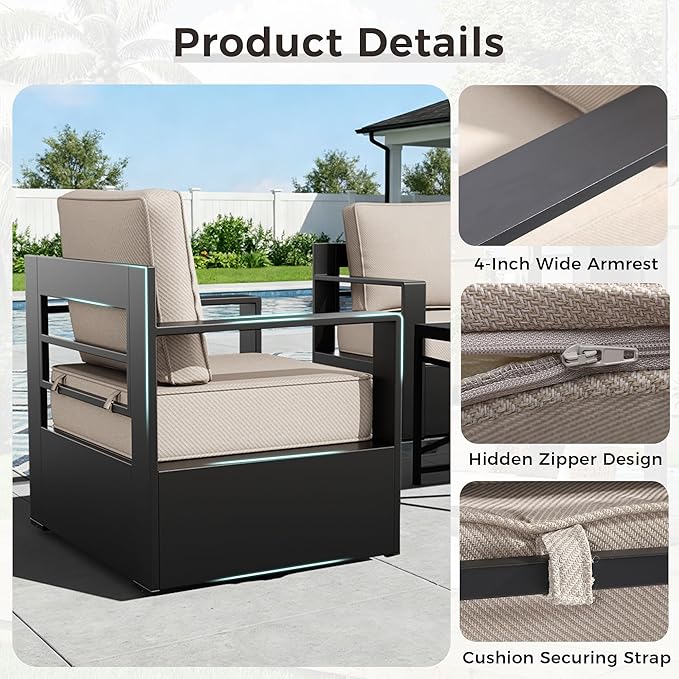 Outdoor Patio Furniture Set, 5-Piece Aluminum Patio Conversation Set All-Weather Metal Outdoor Sectional with 6 Inch Thick Cushions, Deep Setting and Fireplace for Garden, Outside and Porch, Beige