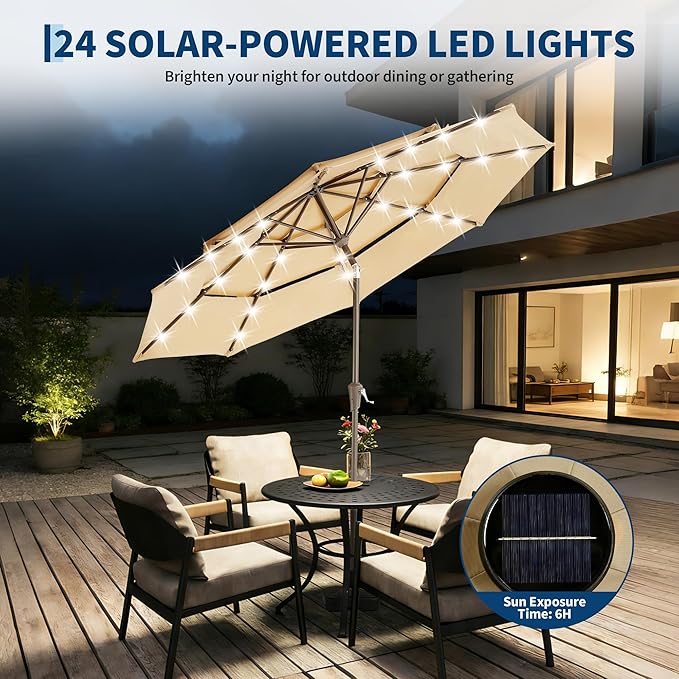 Garvee 9ft 10ft Patio Umbrella with Solar Lights, 3-Tier Umbrella Outdoor Patio with LED Lights, Ventilation, Easy Crank & Tilt, 8 Sturdy Ribs, UV Protection, Large Patio Umbrella for Deck, Pool