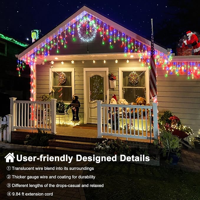 Colored Christmas Lights Outdoor 66ft 640 LED Icicle Lights for Outside | Connectable Clear Wire 8 Modes Timer Plug in Waterproof for House Xmas Yard Tree Eaves Party Holiday Decoration, Multicolor