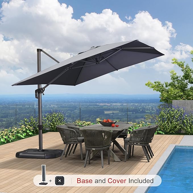 PURPLE LEAF 9'×11.5' Cantilever Patio Umbrella with Base Rectangle Offset Outdoor Umbrella Cover with Zipper for Garden Deck Pool Light Grey
