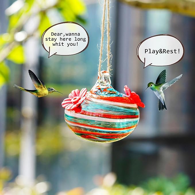 Small Glass Hummingbird Feeders for Outdoors 3in Hanging Blown Glass Ball Humming Birds Feeder with 2 Feeding Ports for Outside Garden Patio Decor for Window
