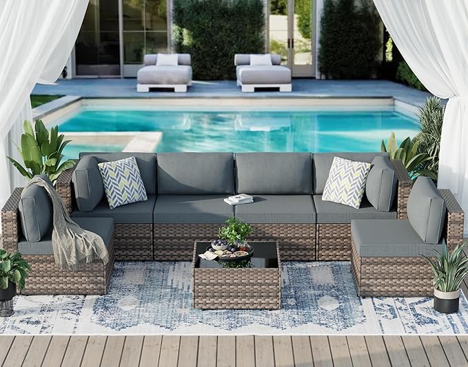 JAMFLY 7-Piece Outdoor Patio Furniture Set, Modular PE Rattan Sectional Sofa with Thick Cushions & Glass Coffee Table for Poolside, Balcony, Garden(Grey Cushion)