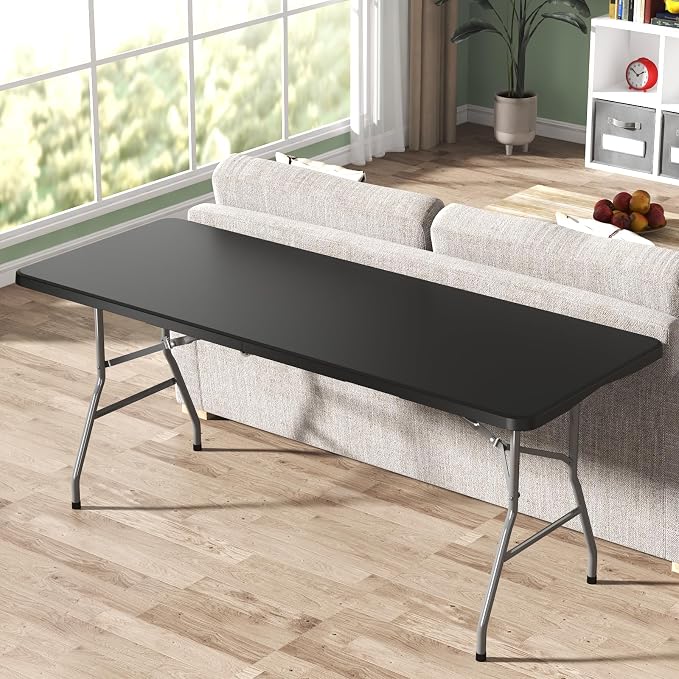6FT Folding Table, Heavy Duty 440LBS Capacity Portable Plastic Picnic Table, Foldable Dining Tables with Carrying Handle for Party, Wedding, Camping, Events, Indoor or Outdoor Use, Black