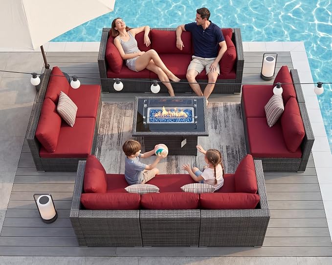 BULEXYARD 11 Piece High Back Outdoor Patio Set with Firepit, Extra Large Backyard Furniture Sectional Couch 10-Seater Modular, XL Big Wide Deep Outside Seating Area for Exterior, Grey & Red