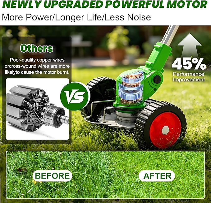 Cordless Weed Wacker Electric Eater Battery Powered, 3 in 1 Lightweight Portable Stringless Weed Trimmer 21V x 2 Battery Operated, Grass Trimmer/Brush Cutter/Lawn Edger with Wheels for Garden Yard