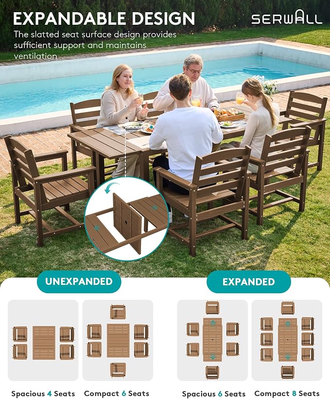 SERWALL 60" - 83" Expandable Outdoor Dining Table and 6 HDPE Chairs, Brown | Outdoor Dining Set for 6, All Weather Aluminum and HDPE Outdoor Furniture Set, Extendable Patio Dining Table