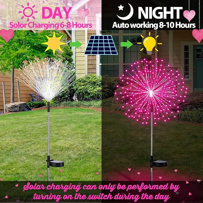 Tujoe 4 Pcs Valentine's Day Solar Lights Outdoor Pink Solar Firework Lights Decoration 180 LEDs 8 Modes Waterproof Valentine LED Stake Sparkler for Walkway Pathway Driveway Garden Yard Lawn Path(Pink)