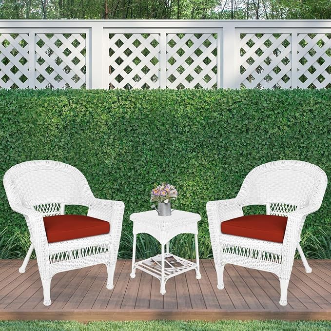 Jeco Carell Furniture 3 pc Wicker Conversation Set in White with Red Orange Cushions